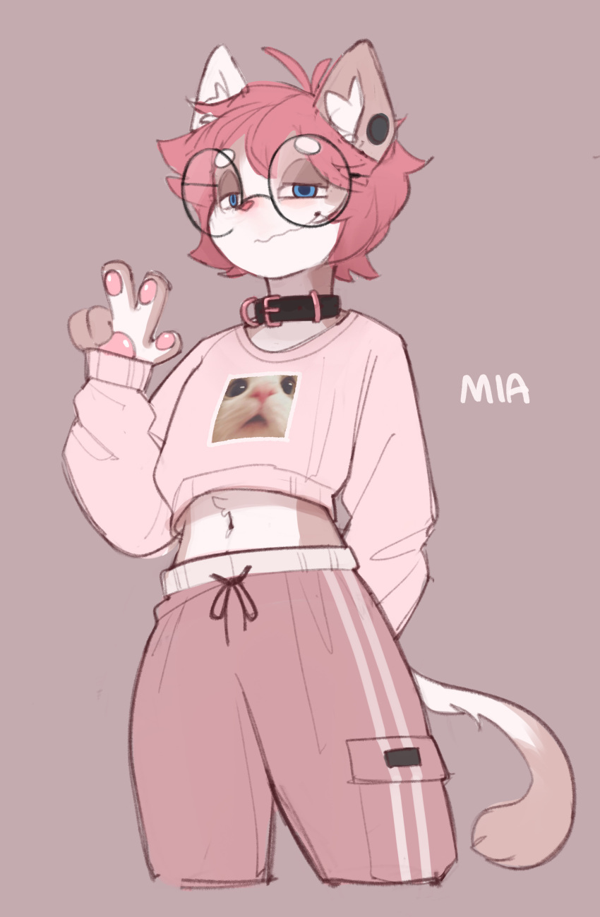 absurd_res anthro blush clothing collar dipstick_tail domestic_cat ear_piercing eyewear felid feline felis fizzystevie gesture glasses hair hi_res lidded_eyes male mammal mia_(disambiguation) multicolored_tail pawpads piercing pink_hair shirt solo topwear v_sign