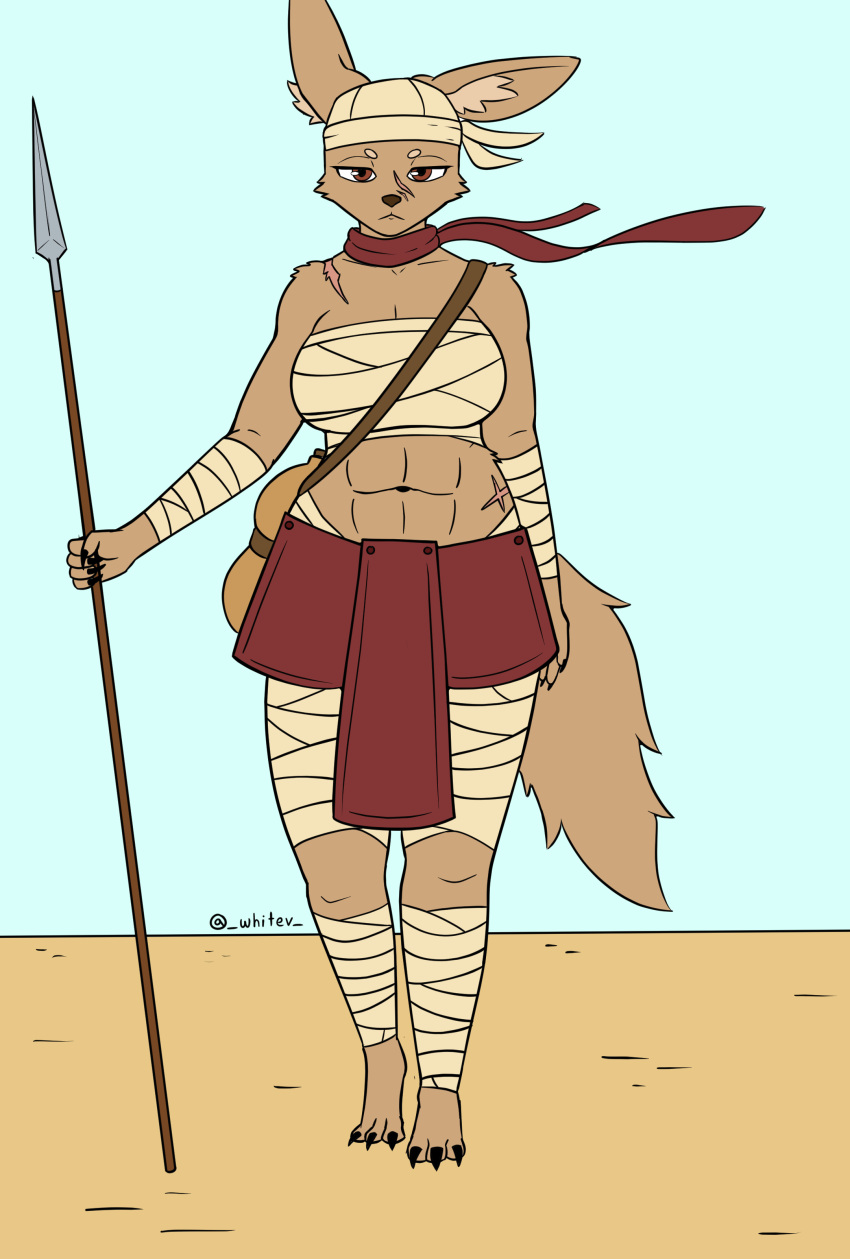 2021 abs absurd_res anthro armor big_breasts big_ears breasts canid canine cheek_tuft chest_wraps clothing desert digital_media_(artwork) facial_tuft female fennec flat_colors fluffy fluffy_tail fox full-length_portrait hat headgear headwear hi_res inner_ear_fluff mammal melee_weapon midriff polearm portrait red_eyes scar scarf simple_background solo spear tuft weapon whitev wraps