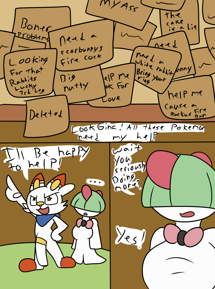 absurd_res accessory anthro big_penis cock_ring comic dezmine21 english_text female genitals gina_(dezmine21) green_hair hair hi_res jewelry nintendo nude penis penis_accessory penis_jewelry pok&eacute;mon pok&eacute;mon_(species) ralts scorbunny text tonic_(dezmine21) video_games