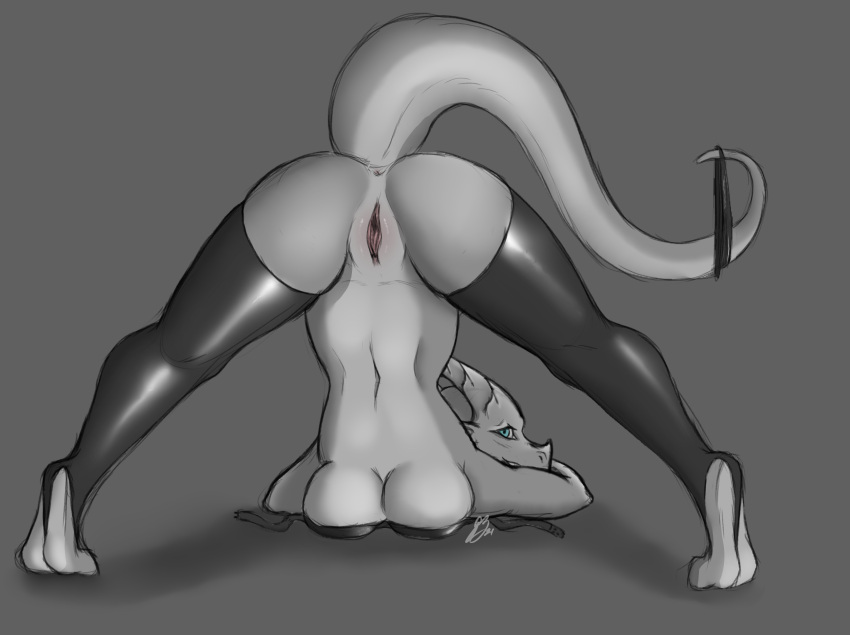 2021 animal_humanoid anthro anus ass_up bent_over black_and_white blue_eyes bra breast_squish breasts butt clothing digital_media_(artwork) dragon female footwear genitals grey_background grey_body grey_scales greyscale hi_res hindpaw horn humanoid jack-o'_pose latex_stockings legwear looking_at_viewer monochrome non-mammal_breasts nude panties paws pose pussy raised_tail rear_view rubber scales scalie scalie_humanoid simple_background skyebold smile socks solo spread_legs spreading squish thigh_highs toeless_footwear toeless_socks underwear