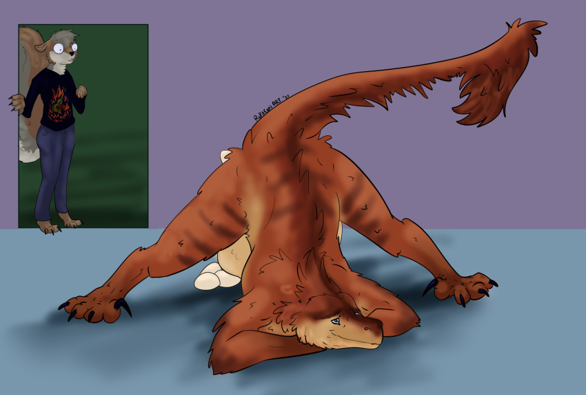 ambiguous_gender anthro ass_up birth bodily_fluids claws digital_media_(artwork) dinosaur dromaeosaurid egg feathered_dinosaur feathers feral hi_res jack-o'_pose mammal naughtybirdart nude oviposition pose pregnant reptile rodent rubicon_(character) scalie sciurid simple_background solo spread_legs spreading theropod walk-in