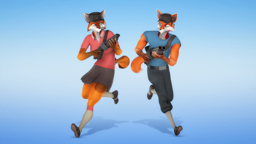 16:9 2021 3d_(artwork) absurd_res anthro belt black_nose blue_clothing blue_eyes bottomwear canid canine cheek_tuft clothed clothing digital_media_(artwork) duo facial_tuft female fox fur gold97fox gun hat headgear headphones headset headwear hi_res holding_object holding_weapon looking_at_another male mammal orange_body orange_fur pants ranged_weapon red_clothing red_fox running scout_(team_fortress_2) skirt source_filmmaker team_fortress_2 topwear tuft valve video_games warfare_machine weapon white_body white_fur widescreen