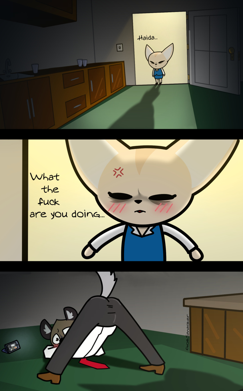 absurd_res aggressive_retsuko anthro blush butt canid canine comic cross-popping_vein duo embarrassed english_text female fennec fenneko fox gobsmacker haida hi_res hyaenid jack-o'_pose looking_back male mammal pose profanity rear_view sanrio standing text