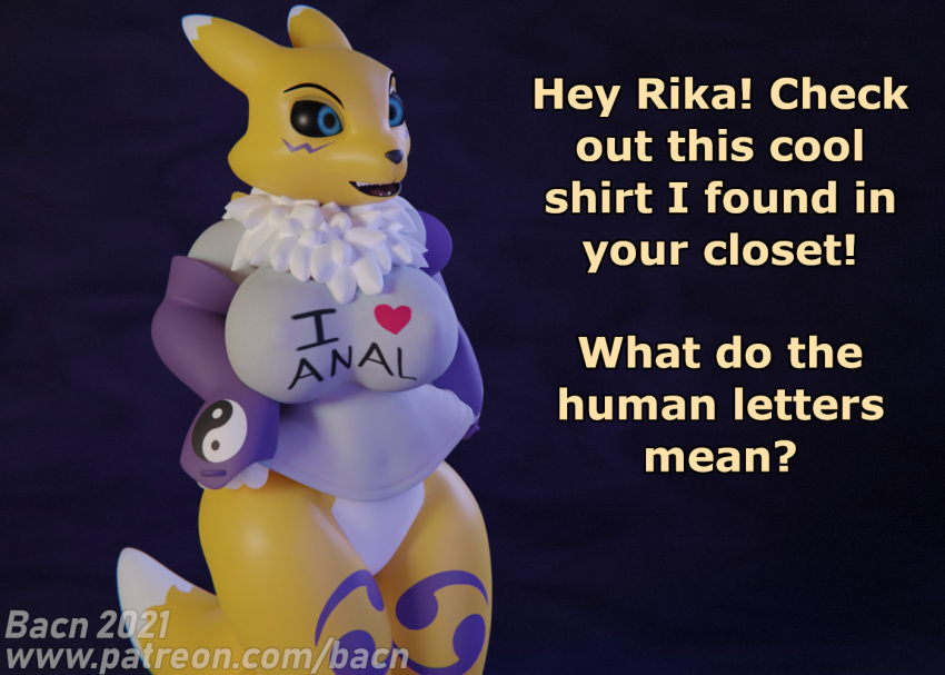 2021 3d_(artwork) abstract_background anthro bacn bandai_namco big_breasts black_sclera blue_eyes bottomless breasts canid canine chest_tuft clothed clothing dialogue digimon digimon_(species) digital_media_(artwork) english_text female fox fur mammal open_mouth renamon shirt simple_background smile solo text topwear tuft white_body white_fur yellow_body