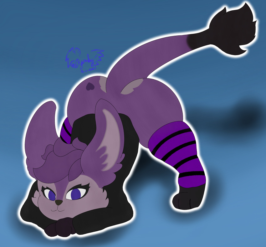 2021 absurd_res anthro bent_over big_butt bottomless butt clothed clothing digital_media_(artwork) fur hair heart_marking hi_res hobkin hoodie jack-o'_pose legwear looking_at_viewer male mammal meme pose purple_body purple_eyes purple_fur simple_background solo spakey spreading topwear