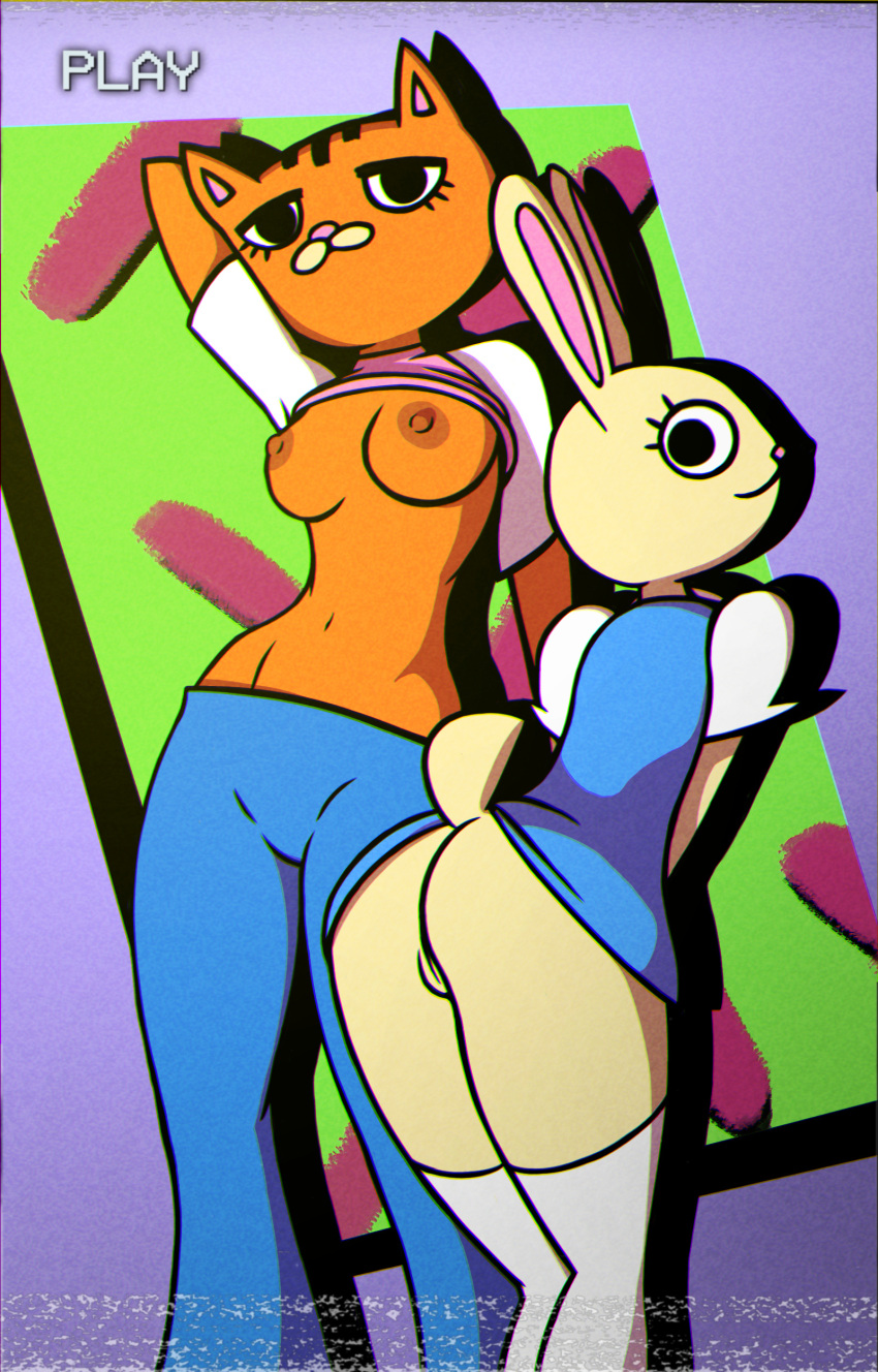 2021 absurd_res anthro blue_bottomwear blue_clothing blue_dress blue_pants bottomless bottomwear breasts bunny_(l'trimm) butt cars_with_the_boom clothed clothing dress duo felid female footwear genitals gohet hand_behind_head hi_res lagomorph legwear leporid long_ears looking_at_viewer looking_back looking_back_at_viewer mammal nipples no_underwear orange_body pantherine pants partially_clothed pink_clothing pink_shirt pink_topwear pussy rabbit raised_clothing raised_dress raised_shirt raised_topwear scut_tail shirt socks thigh_highs thigh_socks tiger tigra_(l'trimm) toony topwear vhs vhs_filter white_body