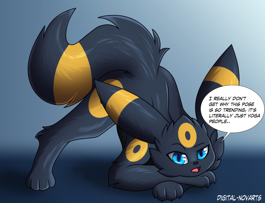 4_toes all_fours ambiguous_gender ass_up bent_over black_body black_fur blue_eyes canid canine claws dialogue eeveelution english_text feet feral fur hi_res jack-o'_pose long_tail looking_at_viewer male mammal nintendo nova-umbreon open_mouth paws pok&eacute;mon pok&eacute;mon_(species) pose signature simple_background solo speech_bubble spread_legs spreading talking_to_viewer text toes umbreon video_games