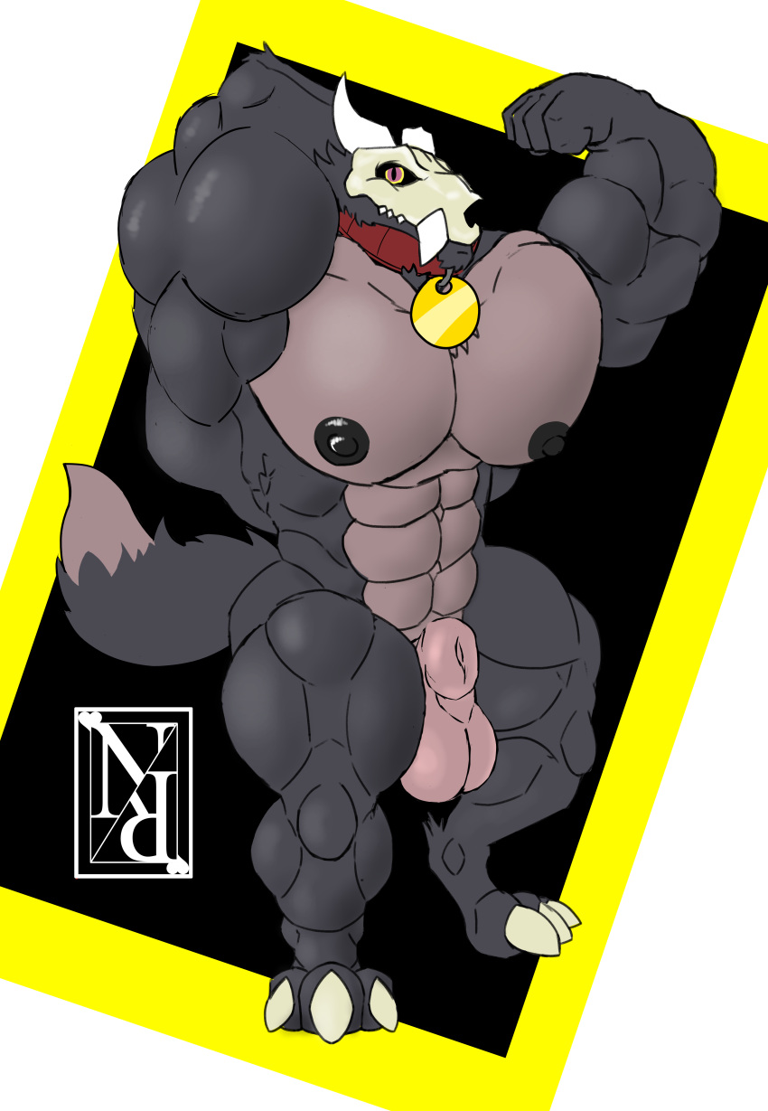 abs absurd_res alpha_channel animal_genitalia anthro asymmetrical_horns balls big_balls big_muscles big_pecs bone broken_horn bulge canid canid_demon canine claws collar demon disney flexing flexing_bicep flexing_muscles fully_sheathed fur fur_tuft genitals grey_body hi_res horn king_(the_owl_house) male mammal muscular muscular_anthro muscular_male nipples nude nyhil_rex pecs shadings sheath shirtless simple_background skull skull_face skull_head solo the_owl_house tuft
