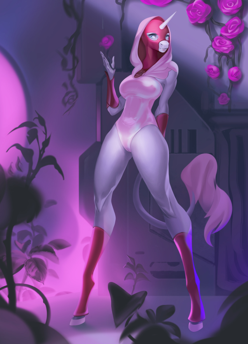 absurd_res anthro armor breasts clothed clothing costume equid equine female gauntlets gloves hair handwear hi_res hood horn legwear leotard mammal ondatra pink_hair rosie_(roselynn_meadow) solo superhero the_red_rose unicorn white_body wide_hips