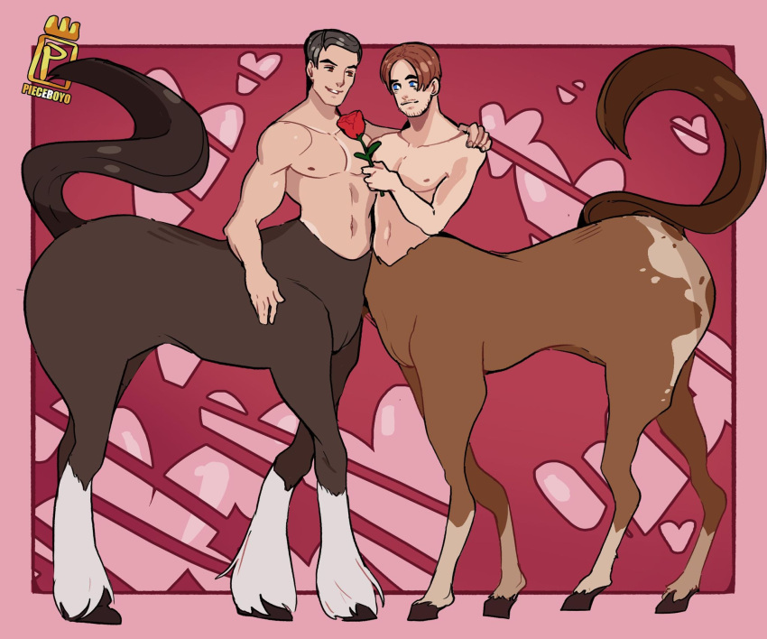 &lt;3 abs abstract_background blue_eyes brown_eyes centaur duo equid equid_taur equine flower frankly-art hair hi_res hooves humanoid humanoid_taur invalid_tag jefftaur male male/male mammal mammal_taur navel nipples pecs pieceboyo pink plant romantic romantic_couple rose_(flower) smile taur waist