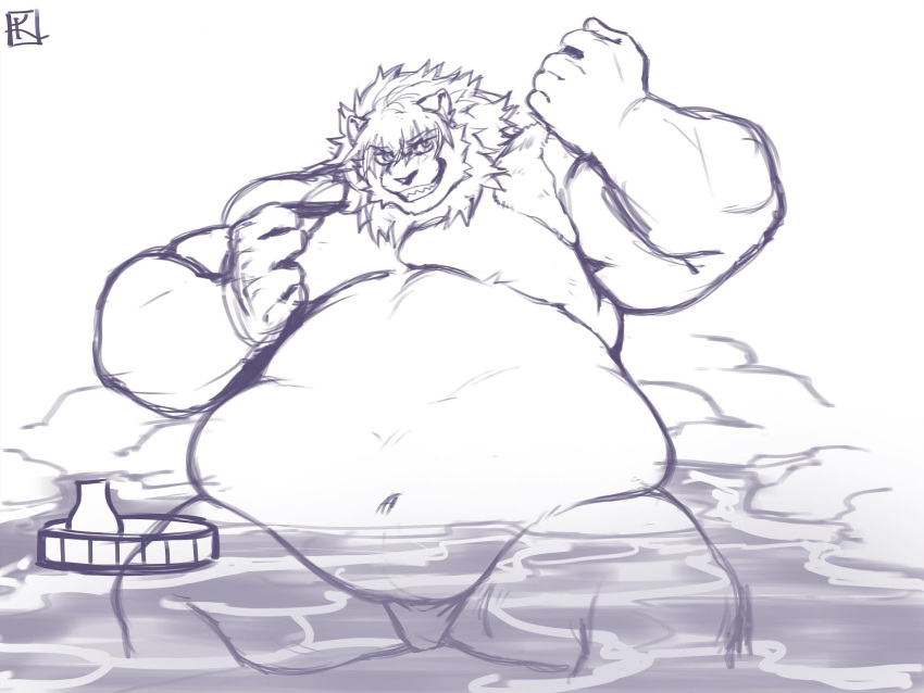 2021 4:3 anthro bathing belly big_belly felid hi_res humanoid_hands kemonofluffy lion male mammal moobs obese obese_male overweight overweight_male pantherine sitting solo water