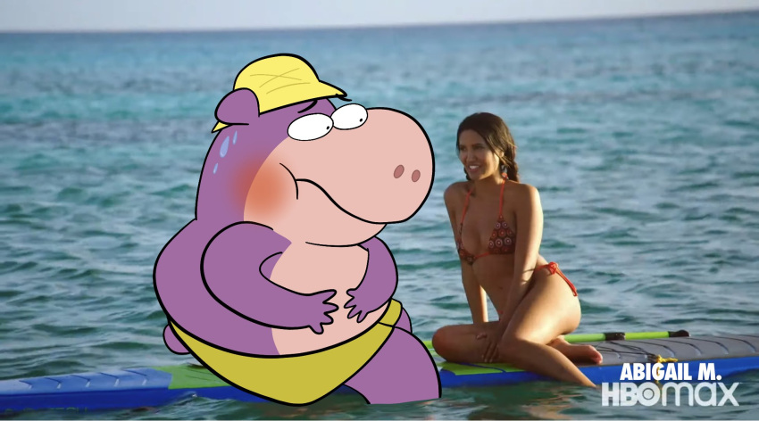 2021 anthro belly bikini bikini_bottom bikini_top blush bodily_fluids bottomwear cartuneslover23 clothing common_hippopotamus duo fboy_island female hanna-barbera hat hbo headgear headwear hi_res hippopotamid human jellystone_(hbo_max) male mammal outside overweight overweight_male peter_potamus photo_background real sea shorts sitting sweat swimwear the_peter_potamus_show water