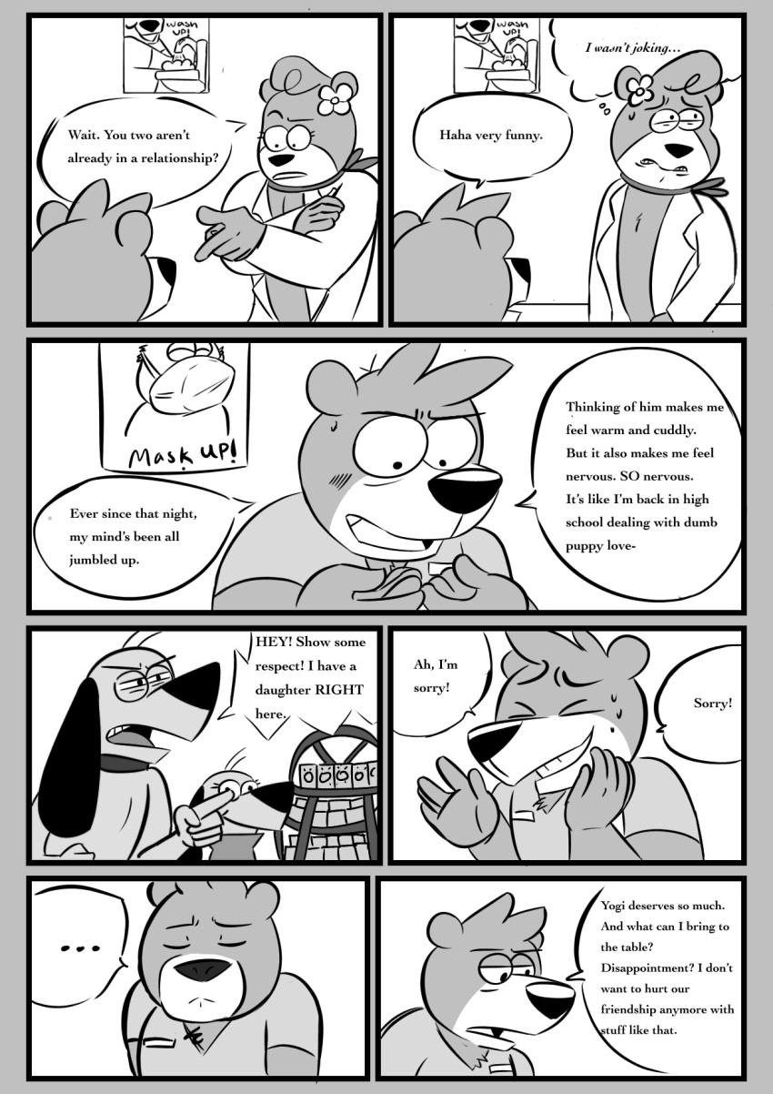 2021 anthro augie_doggie_and_doggie_daddy beargarbage blush boo-boo_bear canid canine canis cindy_bear clothing comic doctor doggie_daddy domestic_dog duo english_text eyes_closed face_mask hanna-barbera hi_res humanoid_hands jellystone_(hbo_max) mammal monochrome shirt text topwear ursid yogi_bear