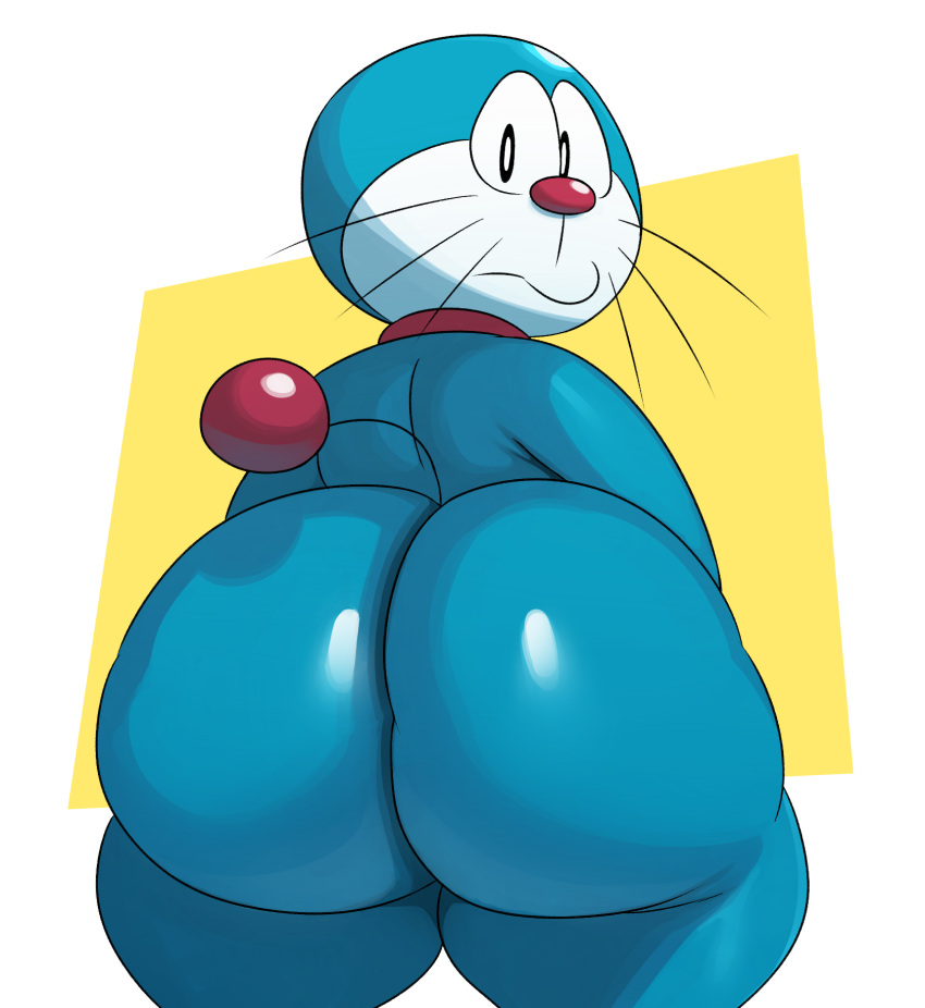 ambiguous_gender anthro big_butt blue_body butt butt_focus collar domestic_cat doraemon doraemon_(character) felid feline felis hi_res huge_butt looking_at_viewer looking_back looking_back_at_viewer machine male mammal obese overweight red_nose robot solo sssonic2 thick_thighs whiskers