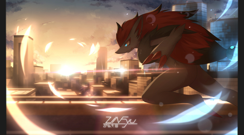 2016 absurd_res ambiguous_gender anthro building canid canine city cloud detailed_background digital_media_(artwork) fur hi_res mammal nintendo on_roof outside pok&eacute;mon pok&eacute;mon_(species) roof running shaded signature sky solo sun video_games zinfyu zoroark