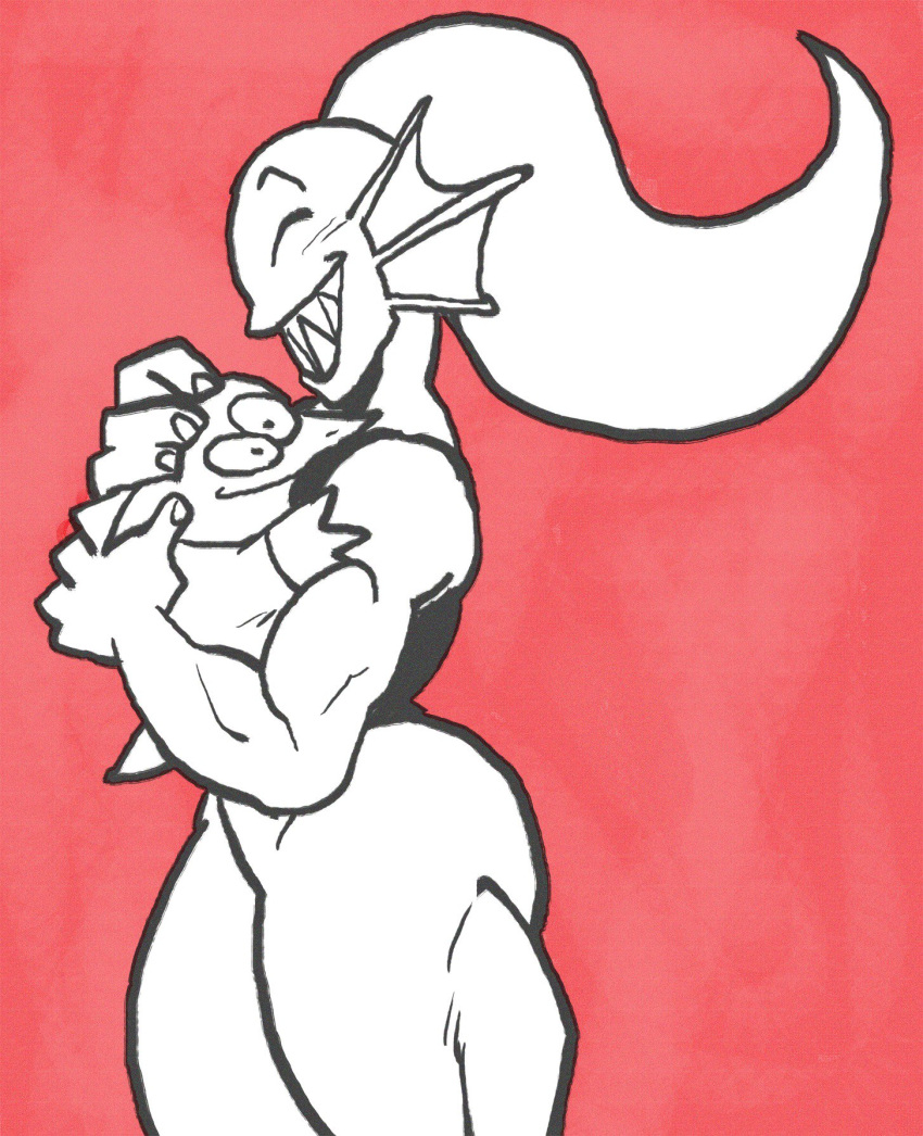 alphys ambiguous_gender anthro anthro_on_anthro blush bottomwear butt carrying_partner clothed clothing duo eyes_closed female female/ambiguous fin fish fully_clothed grin hair head_fin hi_res hug larger_anthro larger_female lizard marine muscular muscular_anthro muscular_female nondelismell ponytail reptile scalie shirt side_view simple_background size_difference smaller_ambiguous smaller_anthro smile tank_top thick_tail thick_thighs tight_bottomwear tight_clothing topwear undertale undyne video_games