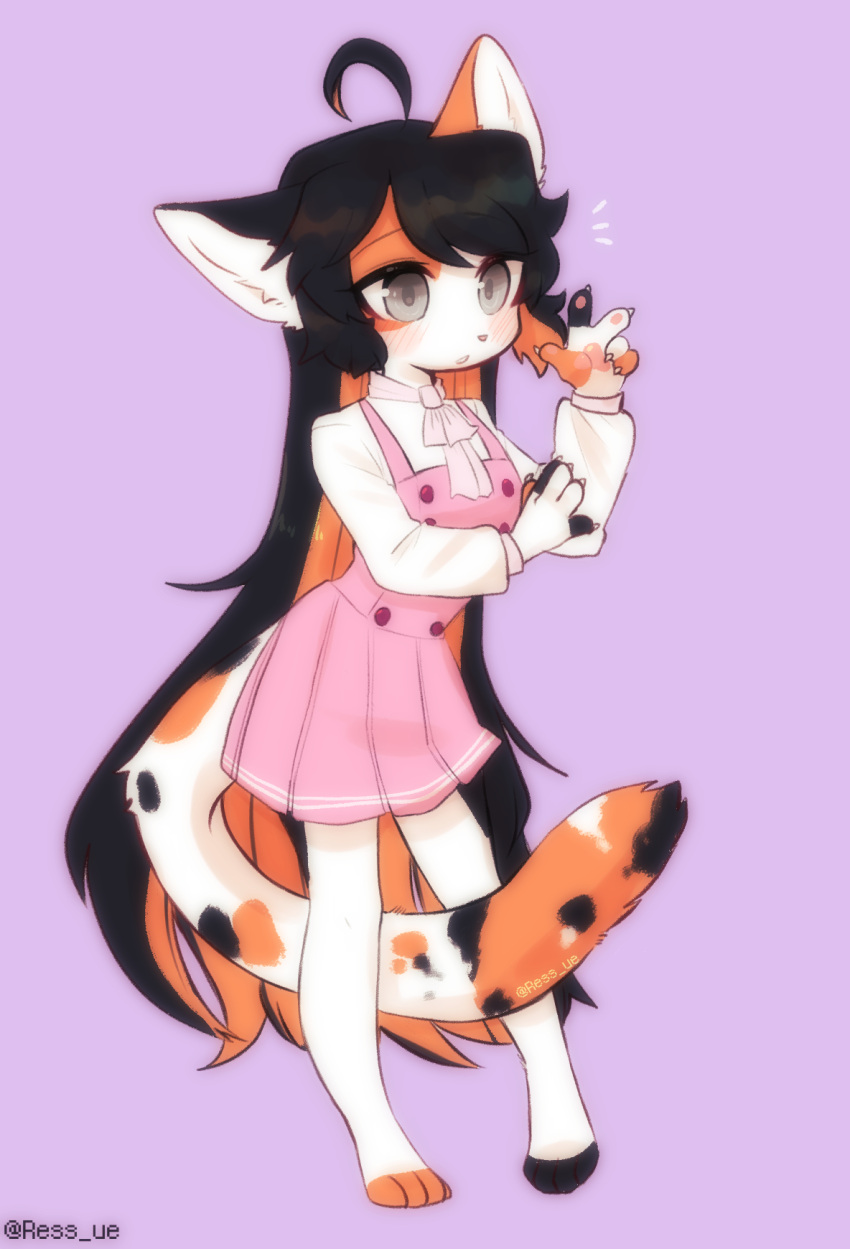 2021 4_fingers 4_toes anthro black_hair blush calico_cat clothed clothing domestic_cat dress feet felid feline felis female fingers fully_clothed grey_eyes hair hi_res highlights_(coloring) kemono long_hair mammal mottled orange_highlights piebald pink_background pink_clothing pink_dress ressue simple_background solo standing toes