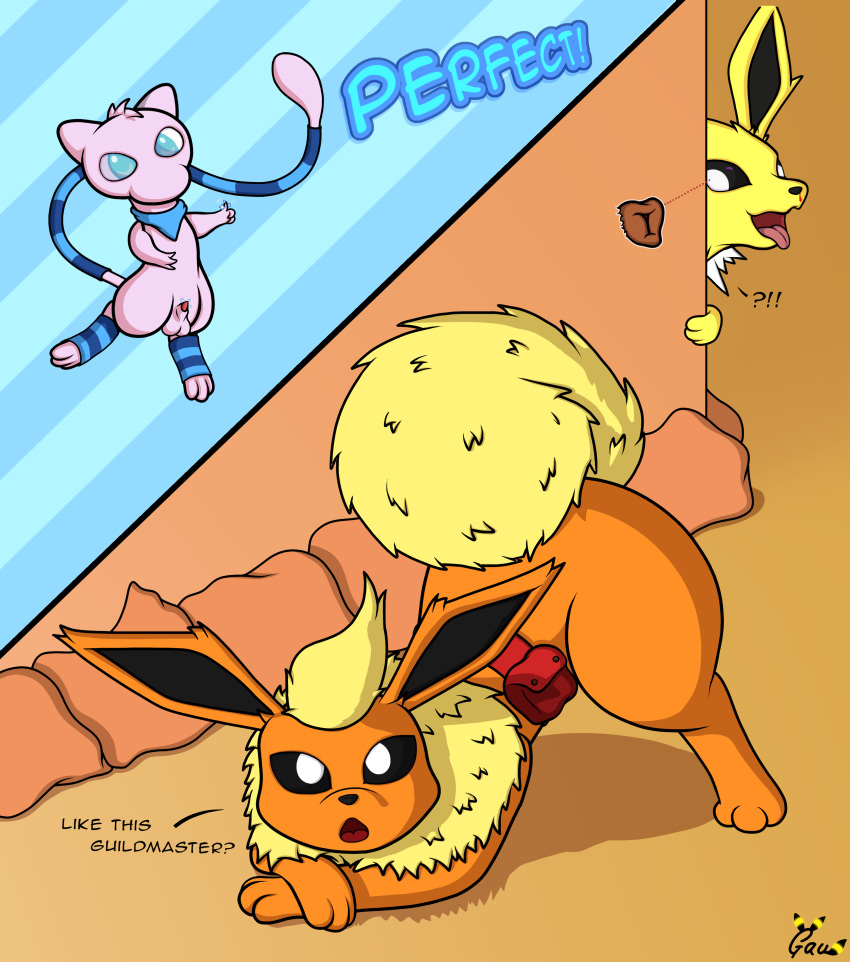 absurd_res animal_genitalia animal_pussy ass_up balls butt canine_pussy caught clothing crouching dialogue eeveelution english_text female feral flareon fur gau_(artist) genitals group hi_res jack-o'_pose jolteon kosa legendary_pok&eacute;mon looking_at_viewer male mammal meme mew naga_(jolteon) nintendo open_mouth orange_body orange_fur penis penis_tip pink_body pink_fur pok&eacute;mon pok&eacute;mon_(species) pok&eacute;mon_mystery_dungeon pose presenting presenting_hindquarters pussy sheath text tongue video_games yellow_body yellow_fur zeal_(flareon)