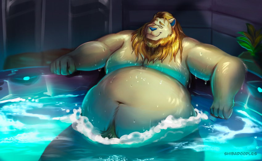 2021 absurd_res anthro bathing belly detailed_background eyes_closed felid hi_res lion male mammal moobs navel obese obese_male overweight overweight_male pantherine shibadoodles sitting solo water