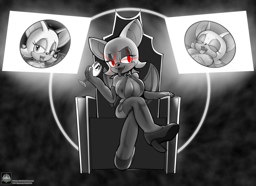 anthro armwear breasts chiropteran clothed clothing collar crossed_legs elbow_gloves fangs female fours_(artist) gloves glowing glowing_eyes handwear hi_res legwear looking_at_viewer mammal multiple_poses nipple_outline open_mouth open_smile parody pose red_eyes rouge_the_bat sega sitting smile solo sonic_the_hedgehog_(series) thigh_highs tongue tongue_out topless