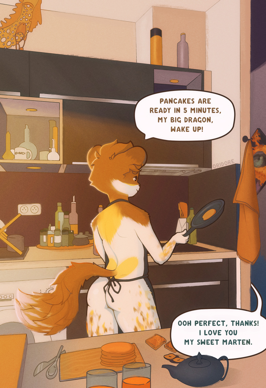 anthro apron apron_only breakfast bubble_butt butt casual_exposure clothing comic cooking cookware cute_face cute_scene digital_media_(artwork) english_text food frying_pan gulonine happy hi_res invalid_tag kitchen kitchen_utensils love lovers_moment male mammal marten morning mostly_nude mustelid musteline offscreen_character oridore oridore_(character) pancake pine_marten scenery smile solo teapot text tools young