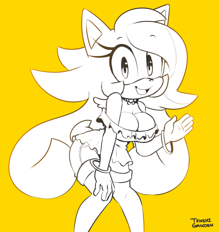 anthro bracelet breasts choker cleavage clothed clothing dress female greyscale hair hi_res hybrid jewelry looking_at_viewer mammal monochrome necklace open_mouth sega simple_background solo sonic_the_hedgehog_(series) summer_the_hybrid tenshigarden yellow_background
