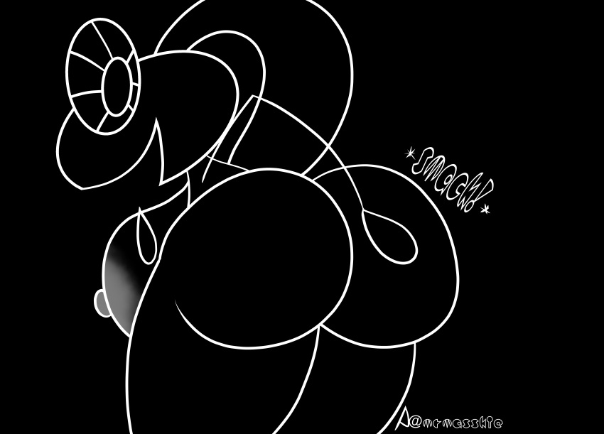 absurd_res anthro areola big_breasts big_butt biped black_background breasts butt butt_slap digital_drawing_(artwork) digital_media_(artwork) english_text female floppy_ears hand_on_breast hi_res huge_breasts huge_butt lagomorph leporid long_ears looking_at_viewer looking_back lop_ears mammal monochrome mrmasskie nipples nude onomatopoeia open_mouth pose rabbit rear_view simple_background slap smile solo sound_effects text thick_thighs vib-ribbon vibri video_games white_body