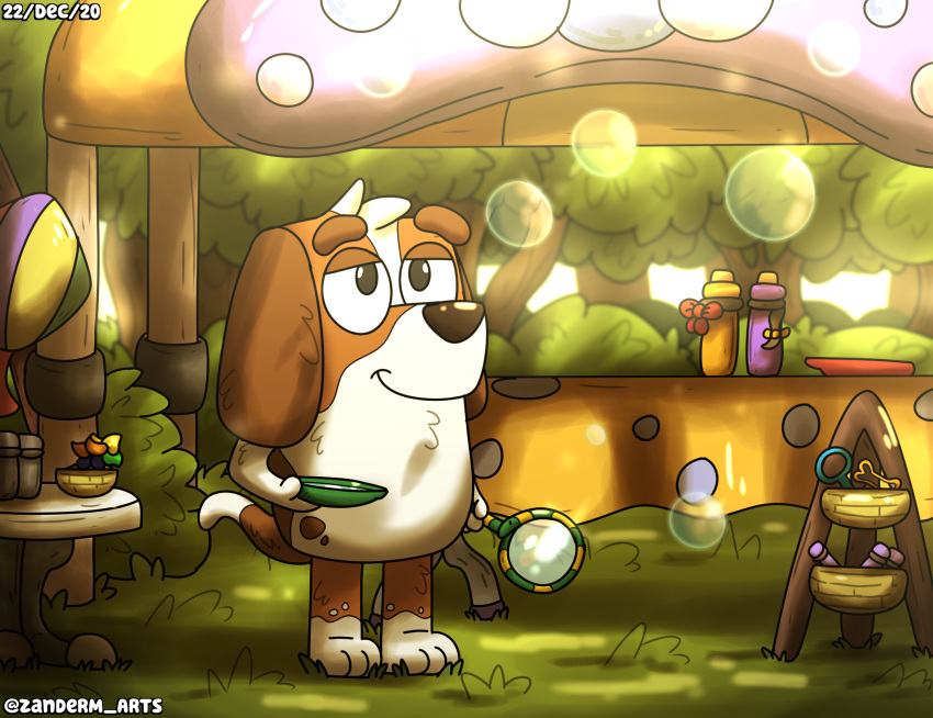 2020 2021 anthro basket basset_hound bluey_(series) bottle bubble canid canine canis chest_tuft container digital_media_(artwork) dipstick_limbs dipstick_tail domestic_dog floppy_ears forest fur fur_tuft furniture grass head_tuft hi_res holding_object hunting_dog iopkluj123 light looking_up male mammal market market_stall multicolored_body multicolored_fur multicolored_tail narrowed_eyes outside paws plant rocko_(bluey) scent_hound shrub signature smile solo sunlight table toy tree tuft zandermanith