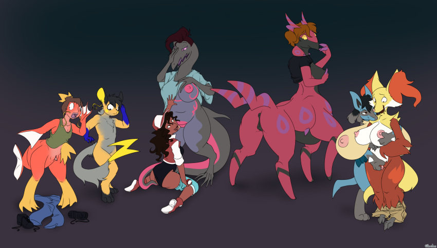 2021 ambiguous_gender anthro anus big_breasts black_background black_hair bottomwear breasts brown_hair butt clothing delphox female female/female footwear gender_transformation genitals hair halcy0n hand_on_breast hi_res huge_breasts human human_to_anthro looking_back lucario magikarp male mammal mtf_transformation navel nintendo nipples pants pok&eacute;mon pok&eacute;mon_(species) pussy raichu salazzle scolipede shirt shocked shoes simple_background smile species_transformation standing tank_top taur topwear transformation video_games