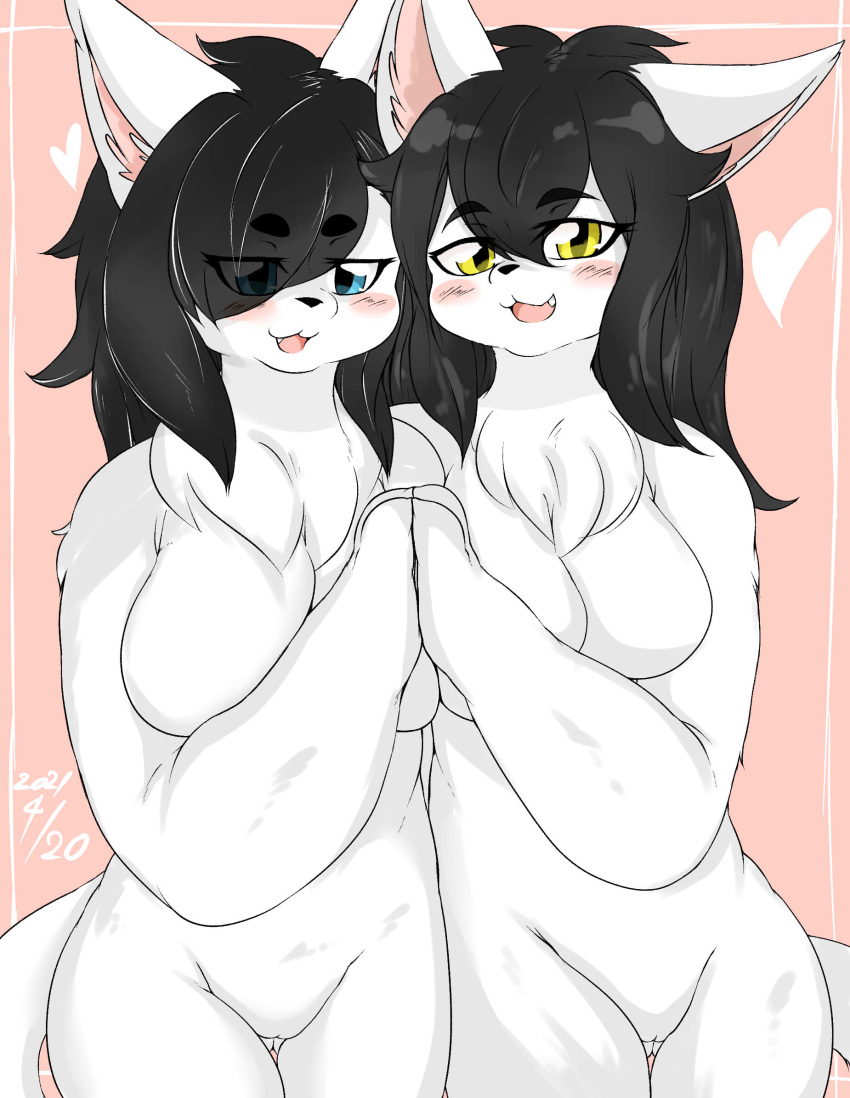 &lt;3 :3 anthro big_breasts biped black_hair black_nose blue_eyes blush breasts chest_tuft cute_fangs digital_media_(artwork) domestic_cat duo eye_through_hair featureless_breasts felid feline felis female fluffy front_view fur genitals glistening glistening_eyes glistening_hair hair hand_holding hi_res inner_ear_fluff kemono long_hair looking_at_viewer mammal monotone_body monotone_fur monotone_hair nekonade nude open_mouth open_smile paws pink_background pink_inner_ear_fluff portrait pussy sibling simple_background sister sisters smile standing thigh_gap three-quarter_portrait translucent translucent_hair tuft twins yellow_eyes