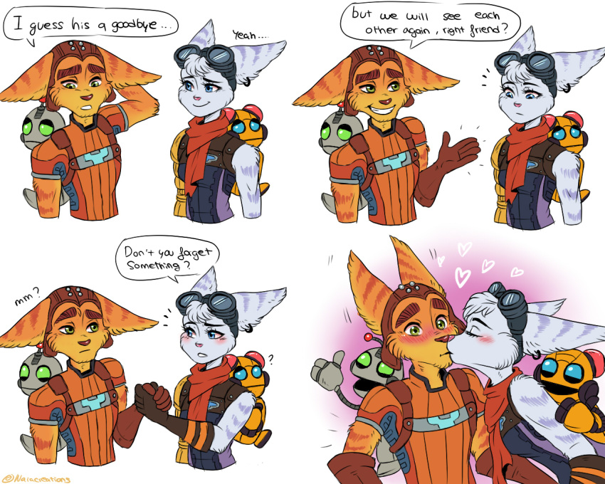 5:4 anthro blue_body blue_eyes blue_fur blush clank_(ratchet_and_clank) comic dialogue eyewear female fur gesture goggles green_eyes group insomniac_games kissing kit_(ratchet_and_clank) lombax looking_at_another machine male mammal naiacreations orange_body orange_fur pink_nose prosthetic prosthetic_arm prosthetic_limb ratchet ratchet_and_clank rivet_(ratchet_and_clank) robot romantic romantic_couple scarf smile sony_corporation sony_interactive_entertainment speech_bubble stripes thumbs_up video_games yellow_body yellow_fur