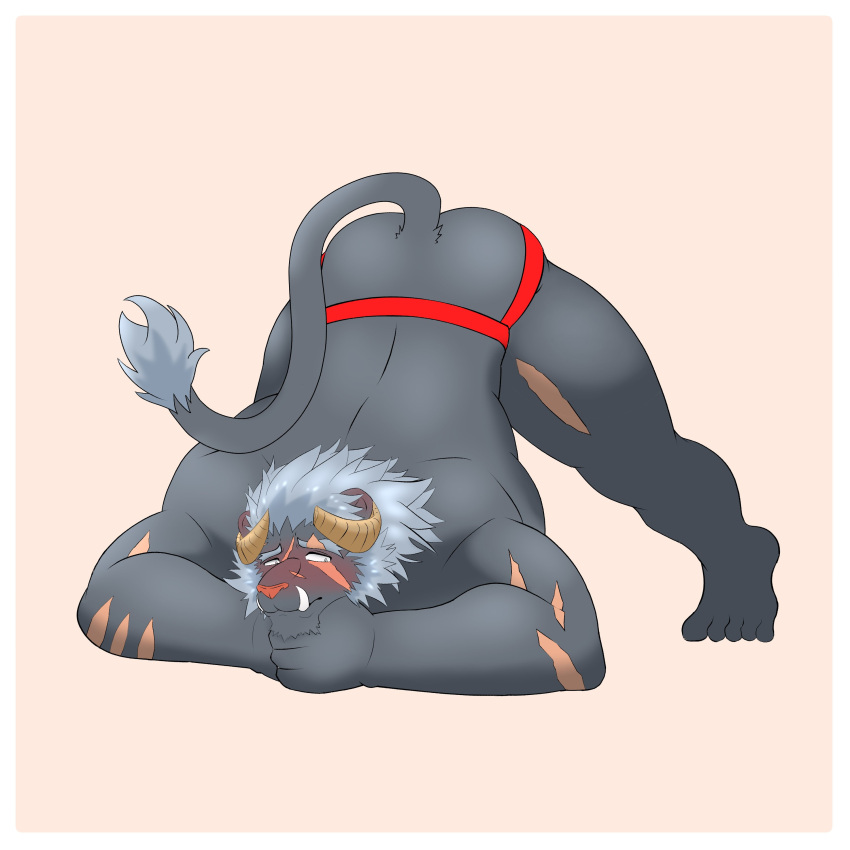 1:1 absurd_res anthro ass_up blush border butt clothing dhioraito0 embarrassed hi_res horn jack-o'_pose jockstrap jockstrap_only krampus_(housamo) lifewonders male monster muscular muscular_anthro muscular_male pose solo tokyo_afterschool_summoners tusks underwear video_games white_border