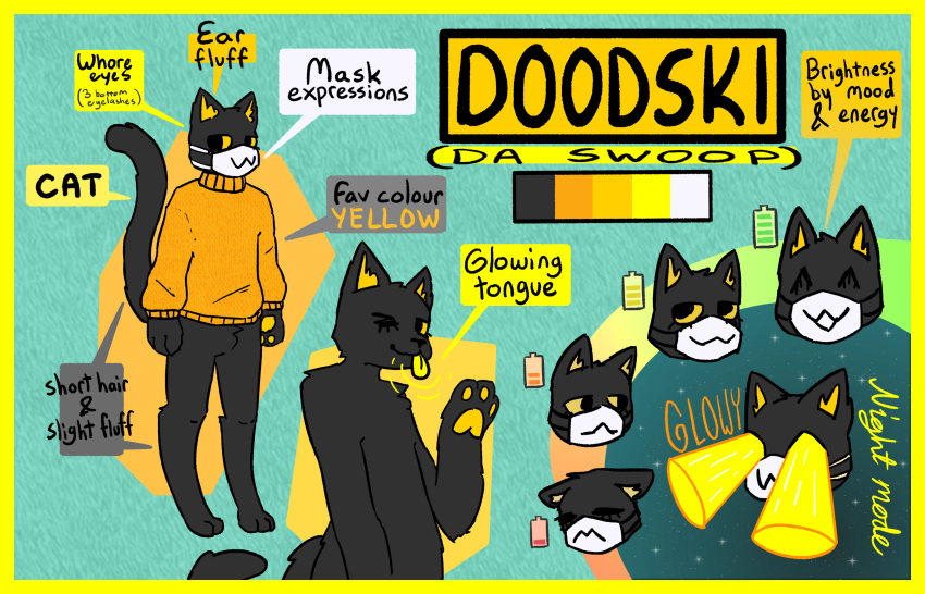 absurd_res anthro bioluminescence border clothing digital_media_(artwork) domestic_cat doodski english_text eyelashes face_mask felid feline felis fur glowing glowing_eyes glowing_pawpads glowing_tongue hi_res looking_at_viewer male mammal model_sheet one_eyed_egg pawpads solo sweater text tongue topwear yellow_border