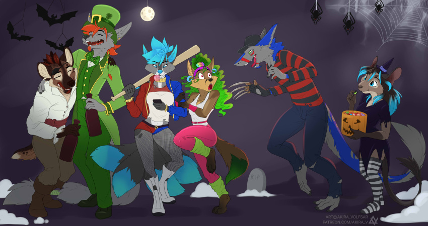 2020 absurd_res akira_volfsar anthro blue_hair blue_nose breasts canid canine clothed clothing digital_media_(artwork) ear_piercing female group hair hi_res hyaenid male mammal open_mouth piercing rodent sergal smile teeth tongue