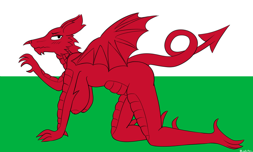 2021 5:3 abstract_background all_fours anthro big_breasts big_butt blush breasts butt digital_media_(artwork) dragon female flag hanging_breasts hi_res kneeling looking_away raised_tail red_body red_skin reptile scalie simple_background solo wales welsh_flag western_dragon whitev wings