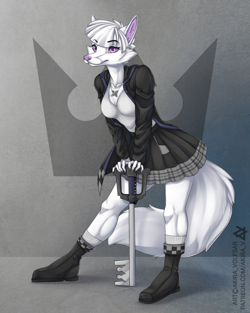 2021 4:5 absurd_res akira_volfsar anthro breasts canid canine clothed clothing digital_media_(artwork) female fur hair hi_res keyblade kingdom_hearts mammal melee_weapon open_mouth purple_eyes purple_nose smile square_enix teeth tongue video_games weapon white_body white_fur white_hair