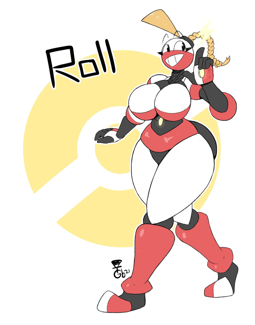 2021 absurd_res anthro big_breasts breasts clothing curvy_figure electrode_(pok&eacute;mon) english_text eyebrows eyelashes featureless_breasts female gesture hair hi_res knee_highs legwear looking_back machine nintendo not_furry pointing pointing_up pok&eacute;mon pok&eacute;mon_(species) ponytail raised_eyebrows robot roll_(thegentlebro) signature smile solo standing text thegentlebro thick_thighs video_games voluptuous walking wide_hips