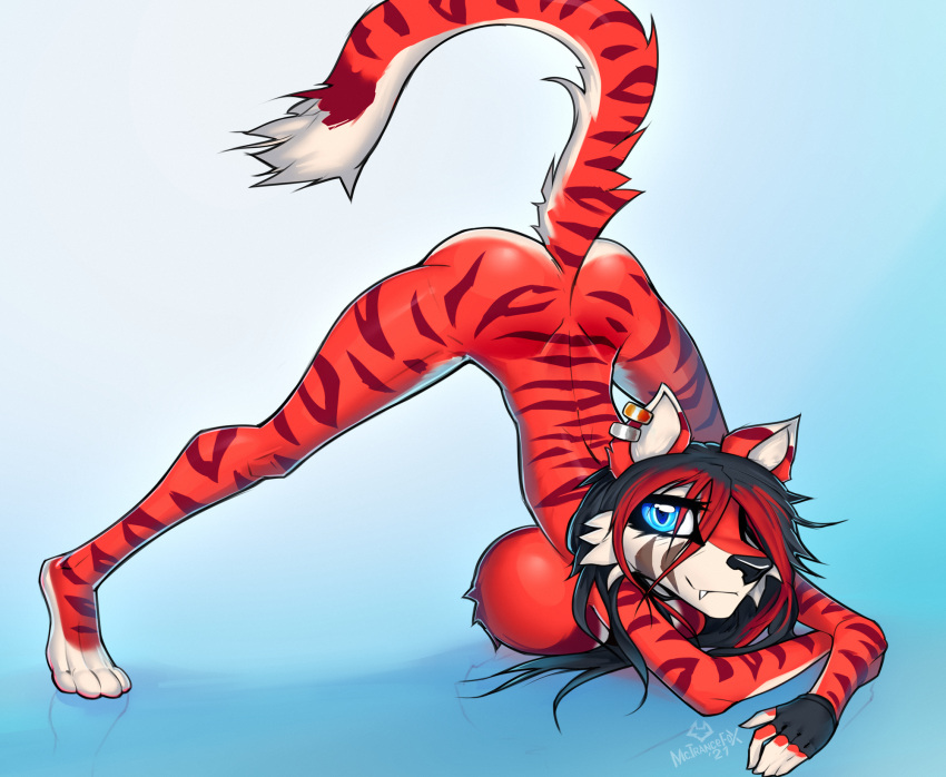 anthro big_breasts black_hair blue_eyes breast_tuft breasts butt cheek_tuft cherry_(macmegagerc) clothing curvy_figure ear_piercing eyelashes facial_tuft fangs felid female fur gloves hair handwear hi_res jack-o'_pose long_hair long_tail looking_at_viewer macmegagerc mammal nude pantherine piercing pose red_body red_fur red_hair red_stripes simple_background slim solo stripes tiger tiptoes tuft white_body white_fur