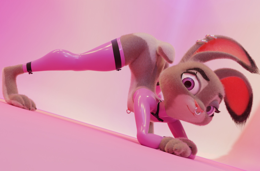 3d_(artwork) anthro arched_back ass_up breasts butt butterfly_(accessory) clothed clothing digital_media_(artwork) disney ear_piercing ear_ring facial_piercing female flat_chested fur glistening glistening_clothing hi_res jack-o'_pose judy_hopps lagomorph leporid looking_at_viewer lying mammal mostly_nude multicolored_body nipple_piercing nipple_ring nipples nose_piercing nose_ring piercing pink_latex pink_nipples pink_nose pochemu pose rabbit raised_tail rubber septum_piercing small_breasts solo spread_legs spreading two_tone_body uniform widescreen zootopia