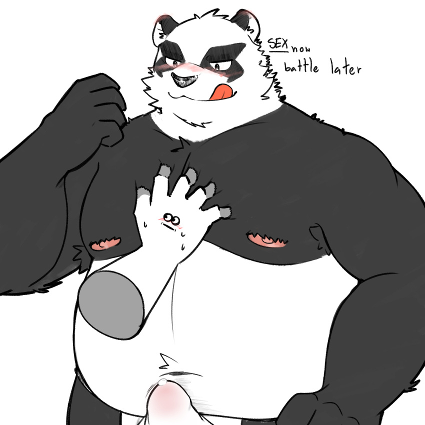 1:1 2021 anthro asian_clothing belly black_body black_nose blush bulge clothed clothing east_asian_clothing english_text erection erection_under_clothing fundoshi genital_outline giant_panda hi_res humanoid_hands japanese_clothing kemono male mammal moobs navel nipples overweight overweight_male penis_outline simple_background solo_focus text tongue tongue_out underwear ursid white_background white_body white_clothing white_fundoshi white_underwear whitebeast20