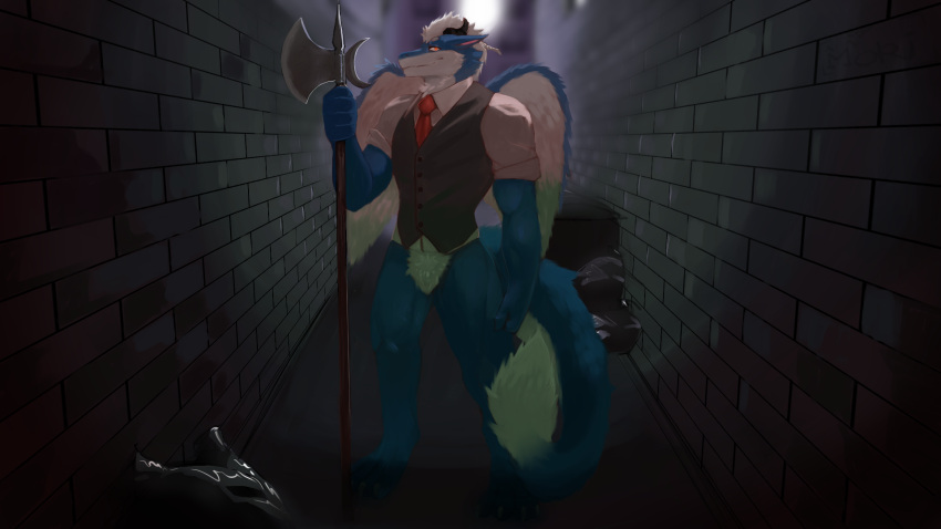 16:9 alley anthro blue_body blue_feathers braided_hair brick_wall clothing dragon feathers fluffy fluffy_tail fur furred_dragon hair halberd herrmoki hi_res holding_object holding_weapon horn looking_at_viewer male melee_weapon muscular muscular_male necktie night no_pants orange_eyes polearm shirt smile smirk solo standing topwear trash_bag trash_can vest wall_(structure) weapon white_body white_clothing white_feathers white_hair white_shirt white_topwear widescreen wings