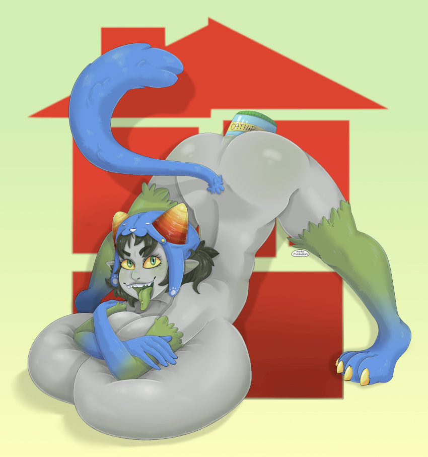 absurd_res alien alien_humanoid anal anal_penetration big_breasts blue_body blue_fur breasts cat_food catnip female fur hi_res homestuck horn horned_humanoid huge_breasts humanoid hyper hyper_breasts jack-o'_pose mortimer_todd ms_paint_adventures nepeta_leijon open_mouth penetration pet_food pose solo tongue tongue_out troll_(homestuck) webcomic