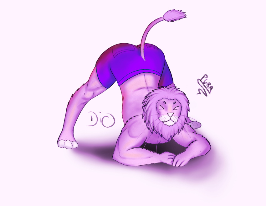 absurd_res anthro bottomwear clothed clothing felid feline fur hair hi_res jack-o'_pose lion male mammal pantherine pants pink_body pink_fur pink_hair pose shadow simple_background solo whiskers white_background