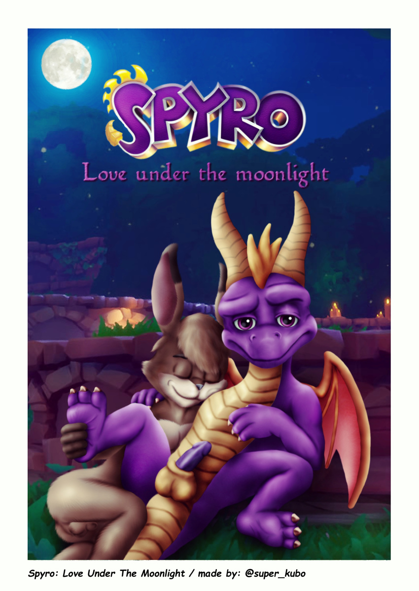 absurd_res activision anthro balls bodily_fluids butt comic cover cover_art cover_page cuddling dragon duo english_text erection feral fur genitals hi_res lagomorph leporid long_ears male male/male mammal nude penis rabbit scalie smile spyro spyro_the_dragon super_kubo text video_games western_dragon wings