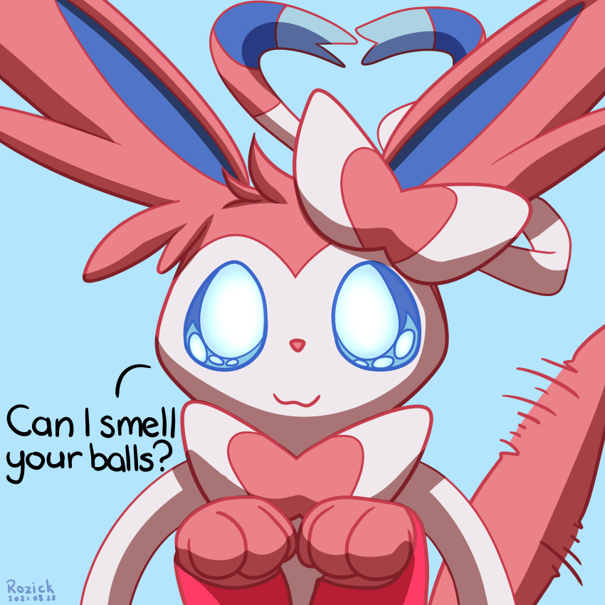 1:1 2021 absurd_res ambiguous_gender blue_background blue_eyes dated dialogue eeveelution english_text eparihser fur hi_res looking_at_viewer nintendo paws pok&eacute;mon pok&eacute;mon_(species) red_body red_fur risenne simple_background solo sylveon tailwag talking_to_viewer text video_games white_body white_fur