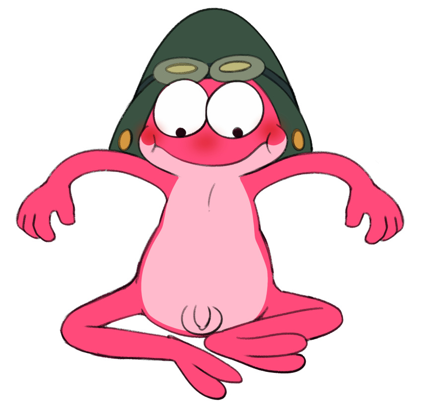 amphibia_(series) amphibian balls blush clothing disney eyewear frog genitals goggles hat headgear headwear hi_res lightytheyoshi looking_down male nude penis solo sprig_plantar