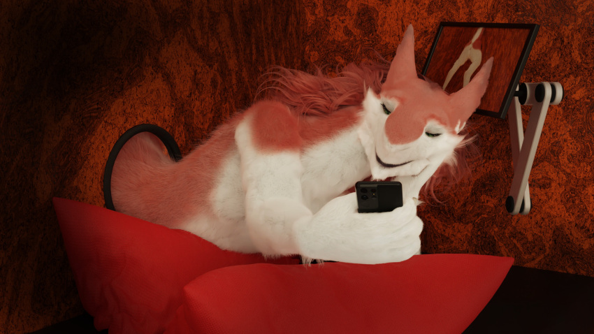 16:9 3d_(artwork) anthro anus digital_media_(artwork) female fur glory_hole hi_res monitor mysteryboy18 phone pillow public_use red_body red_fur sergal solo through_wall untied_verbeger waiting white_body white_fur widescreen