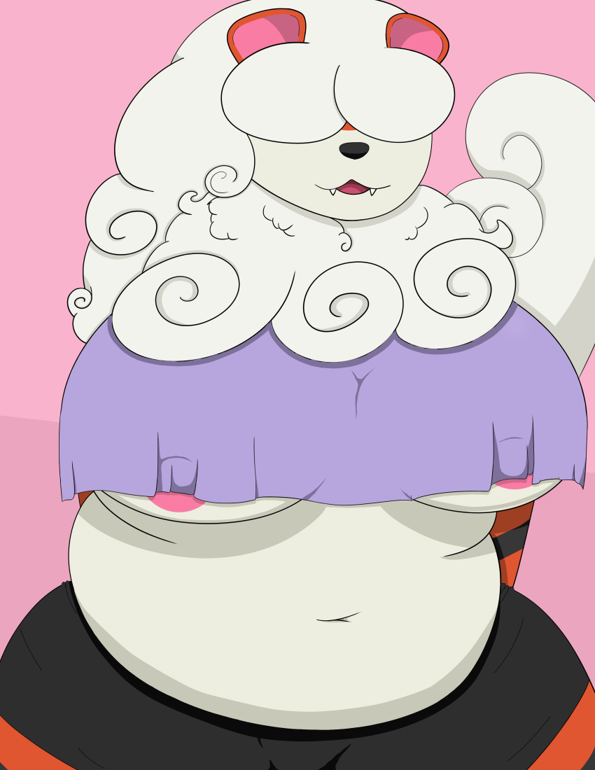 absurd_res anthro areola areola_slip avariceprism belly belly_overhang big_breasts breasts chubby_female clothing crop_top cute_face fangs female fluffy fluffy_tail growlithe hi_res hisuian_growlithe navel neck_tuft nintendo overweight overweight_female pok&eacute;mon pok&eacute;mon_(species) pokemon_legends_arceus shirt smile solo thick_thighs topwear tuft video_games wide_hips