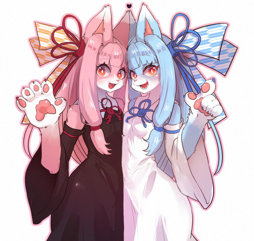 &lt;3 2021 5_fingers accessory anthro blue_body blue_fur blue_hair blush breast_squish breasts claws clothed clothing cute_fangs dipstick_ears domestic_cat dress duo eyelashes fangs felid feline felis female female/female finger_claws fingers fur gloves_(marking) hair hair_accessory hi_res kemono long_hair looking_at_viewer mammal markings multicolored_body multicolored_ears multicolored_fur onikuman open_mouth open_smile pawpads paws pink_body pink_fur pink_hair pink_nose small_breasts smile squish teeth tongue two_tone_body two_tone_fur white_body white_fur