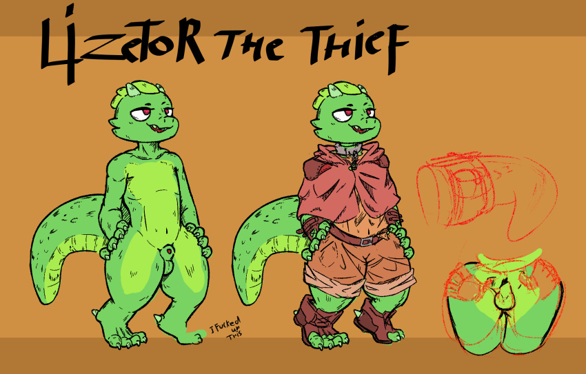 4_toes 5_fingers anthro backsack balls butt claws clothed clothing dumliz english_text feet fingers genitals green_balls green_perineum green_sheath hi_res horn kobold lizetor male nude penis perineum reptile scalie smile solo text toes